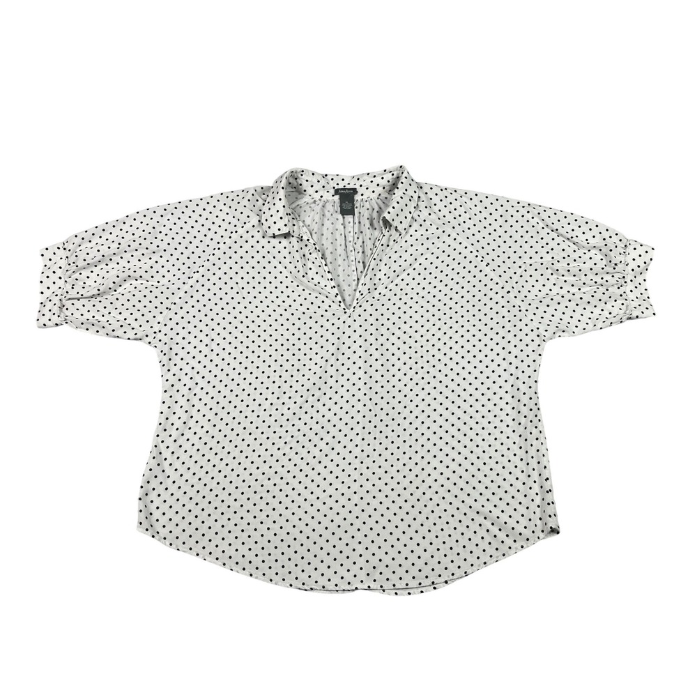 Neiman Marcus Womens XL White Black Polka Dot Rayon Puff Sleeve Blouse Top‎